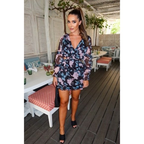 Floral Long Sleeve V-Neck Open Tie Back Mini Dress - Picture 6 of 12